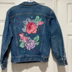 Vintage Georges Marciano GUESS‎ Hand Painted Flowers Blue Jeans Denim Jacket